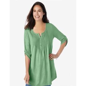 Woman Within 7-Day 3/4 Sleeve Pintuck Henley Tunic 26/28 2X Sage Roll Tab Sleeve